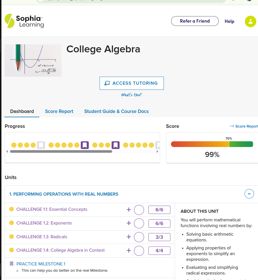 Sophia Learning College Algebra & Introduction to Statistics Help (Nursing & Business Pathways)